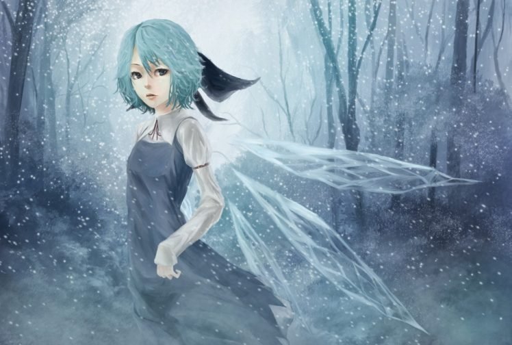 anime girls, Cirno, Touhou, Blue hair, Wings HD Wallpaper Desktop Background