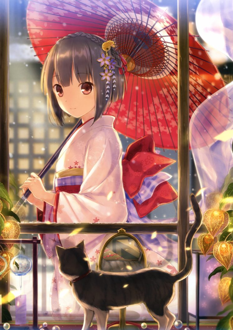 cat, Kimono, Traditional clothing, Anime girls, Original characters HD Wallpaper Desktop Background