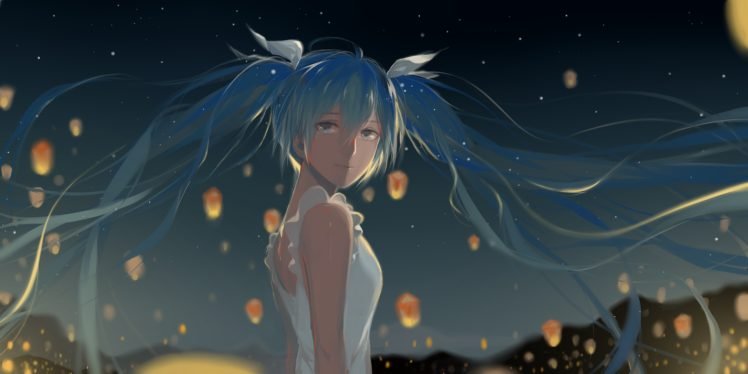 Hatsune Miku, Lights, Vocaloid, Sky lanterns HD Wallpaper Desktop Background
