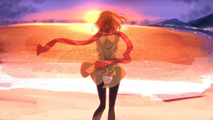 anime girls, Sunset, Beach, Love Live!, Kousaka Honoka HD Wallpaper Desktop Background