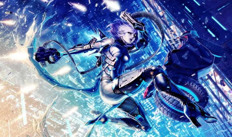 cyborg, Futuristic, Gun, Jumping HD Wallpaper Desktop Background