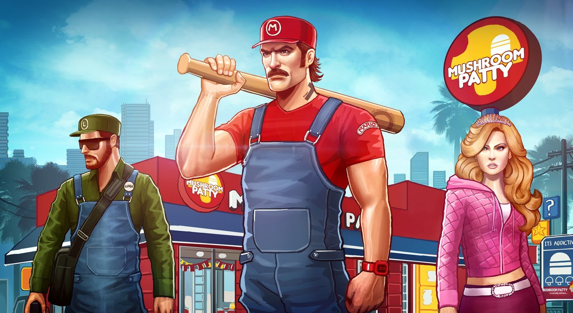 Super Mario, Crossover, Grand Theft Auto, Mario Bros., Princess Peach, Luigi, Mushroom Wallpaper