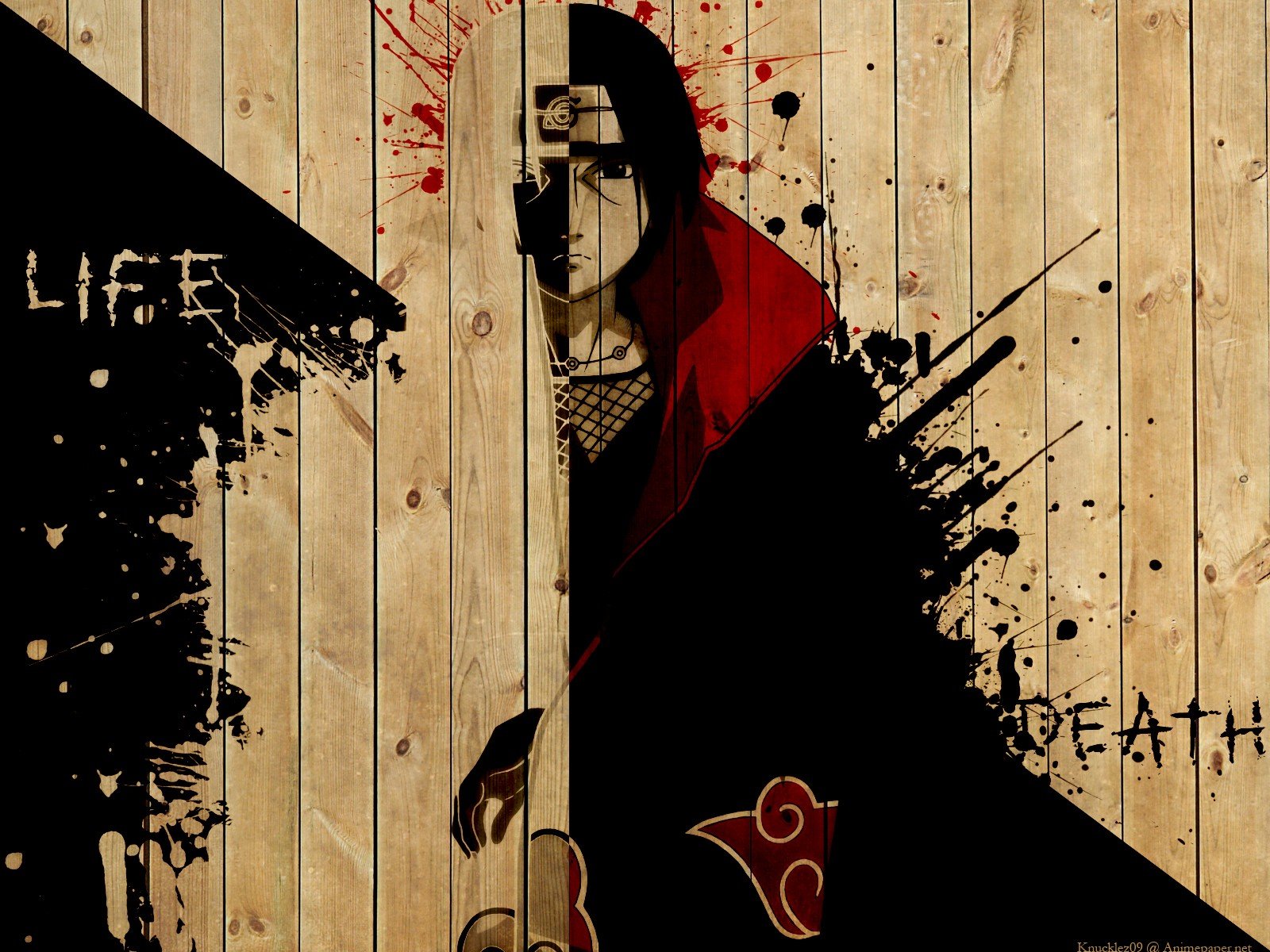 Naruto Shippuuden, Manga, Anime, Uchiha Itachi, Wood, Paint splatter, Typography, Akatsuki Wallpaper