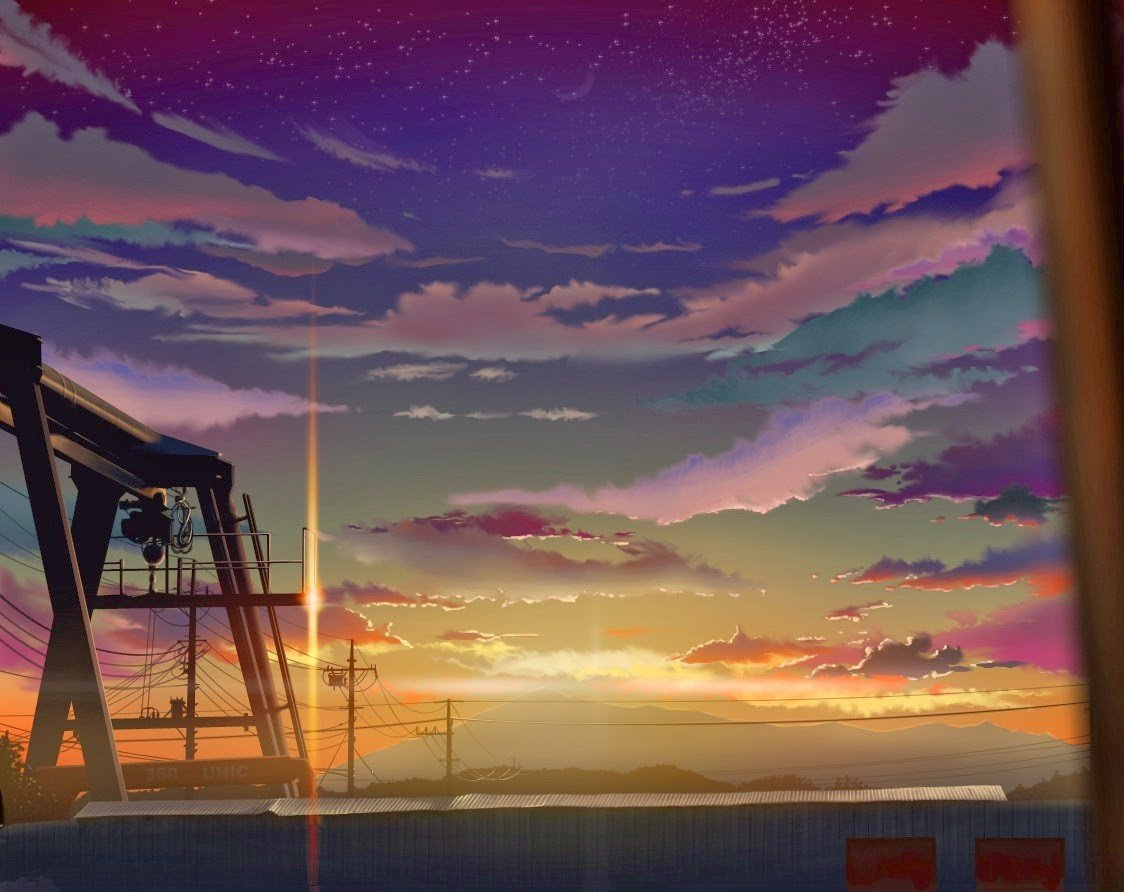 clouds, Artwork, Flares, Sunset, Power lines, Utility pole, Anime Wallpaper