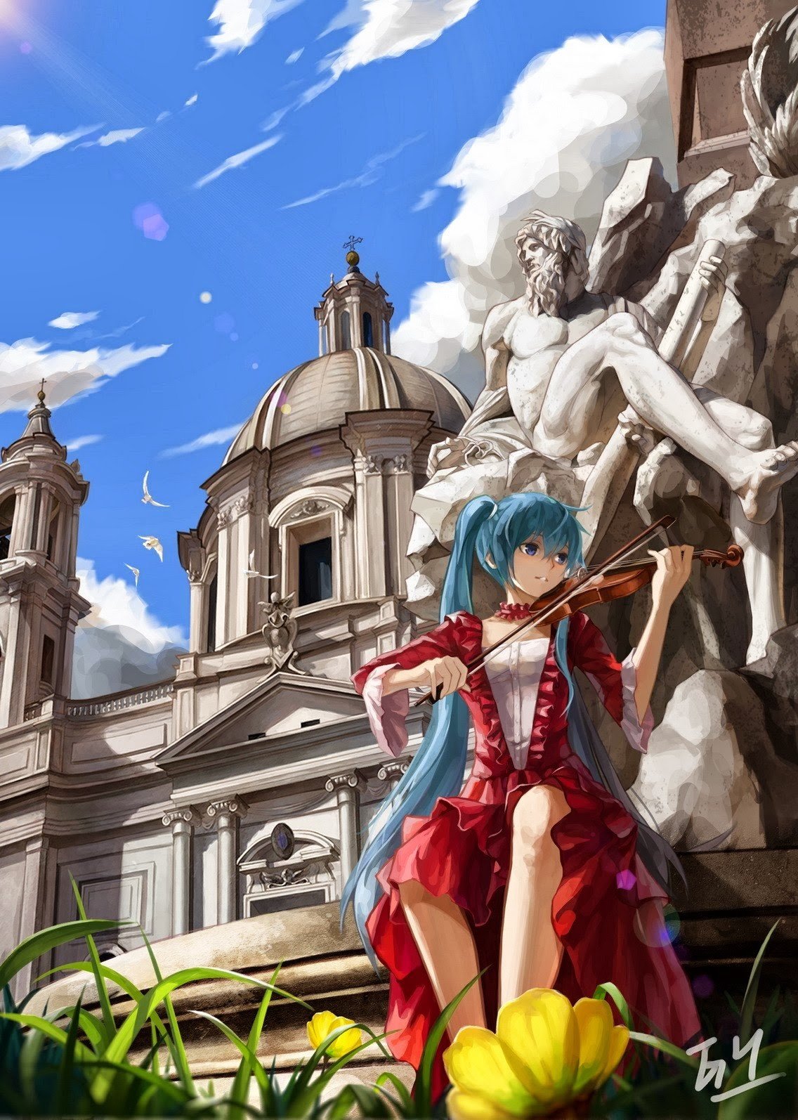 Vocaloid, Hatsune Miku, Violin, Statue Wallpaper