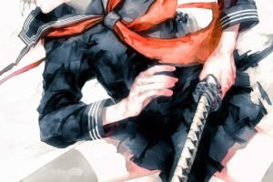 school uniform, Anime girls, Weapon, Sword, Katana, Original characters