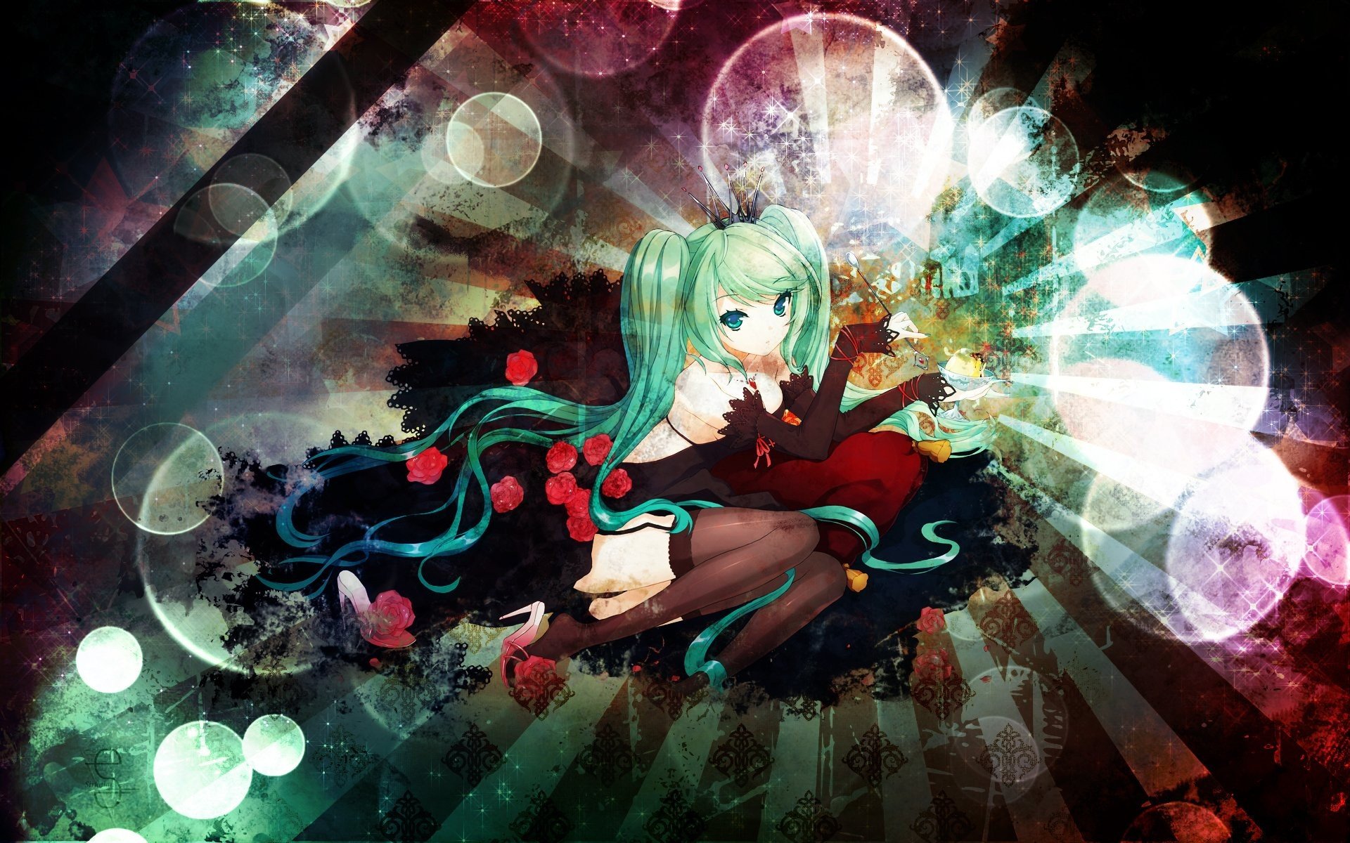 Hatsune Miku, Colorful, Vocaloid, Thigh highs, Detached sleeves Wallpaper