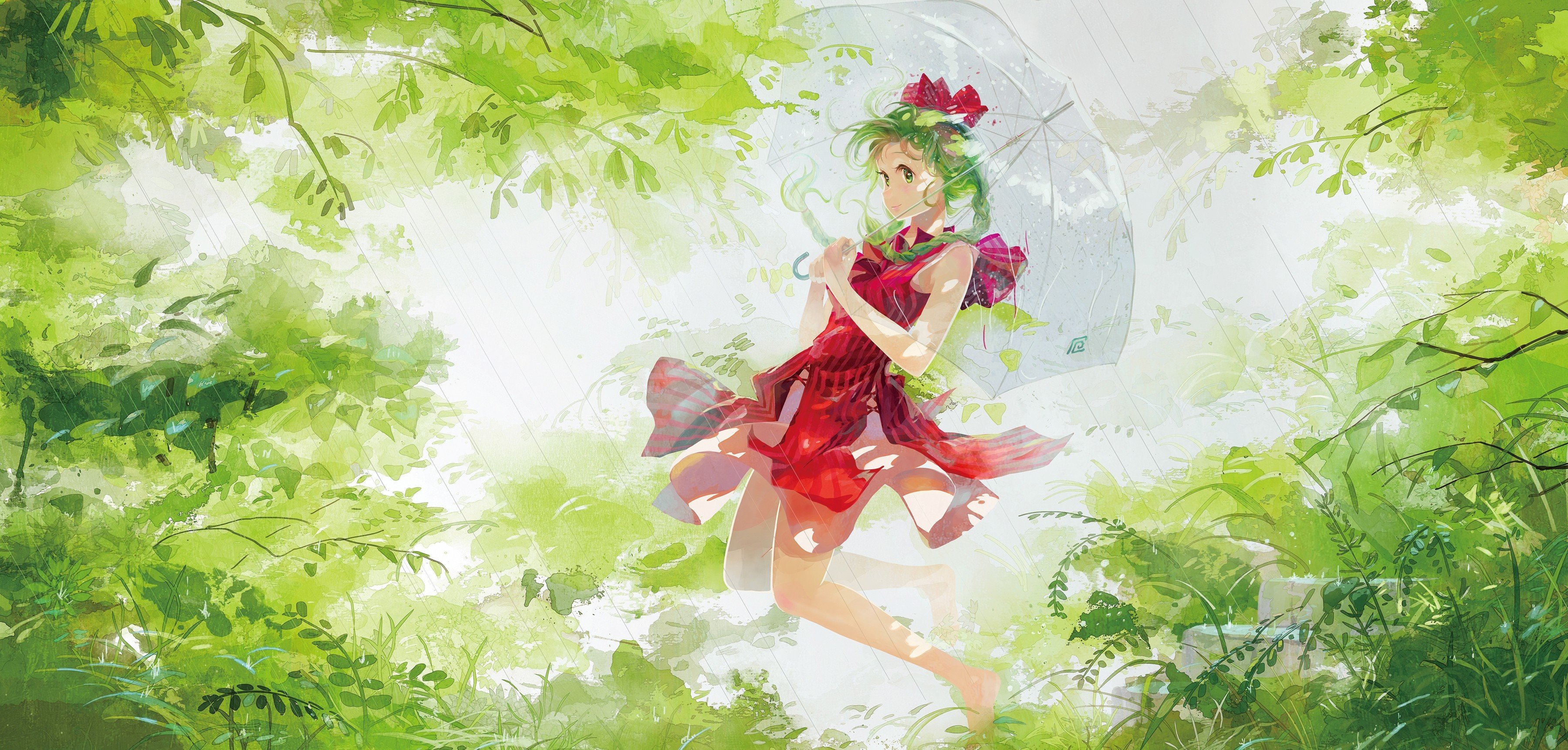 umbrella, Anime girls, Green hair, Kagiyama Hina, Touhou, Rain Wallpaper