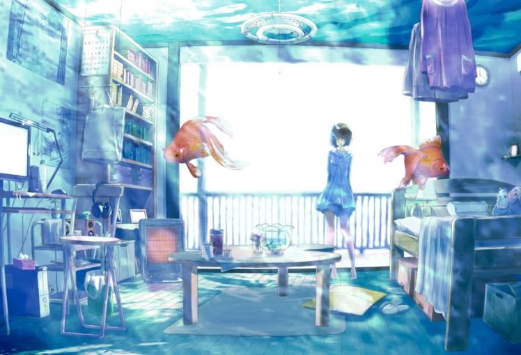 anime girls, Room, Water, Fish, Original characters HD Wallpaper Desktop Background