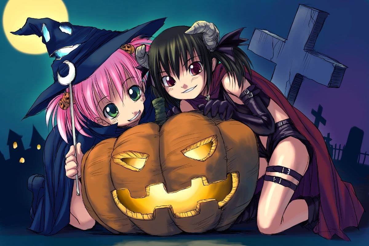 anime girls, Halloween Wallpaper