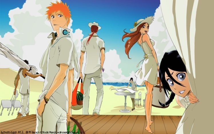 Bleach, Kurosaki Ichigo, Kuchiki Rukia, Abarai Renji, Inoue Orihime, Ishida Uryu, Yasutora Sado, Beach, Manga HD Wallpaper Desktop Background