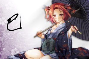 anime girls, Anime, Kimono, Traditional clothing, Orange hair, Umbrella, Onozuka Komachi, Touhou