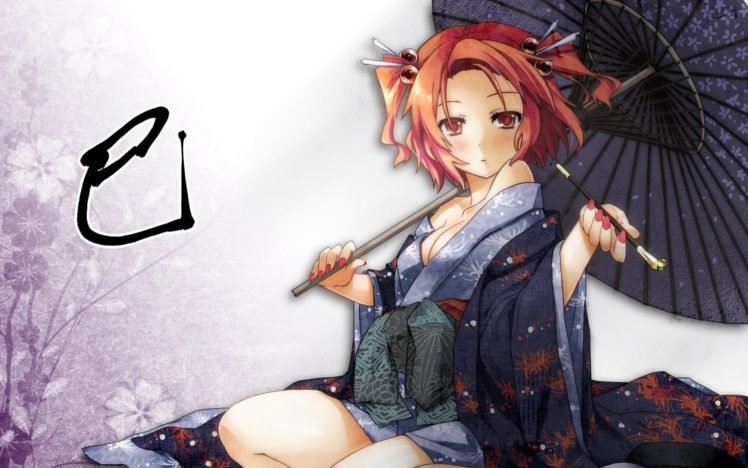 anime girls, Anime, Kimono, Traditional clothing, Orange hair, Umbrella, Onozuka Komachi, Touhou HD Wallpaper Desktop Background