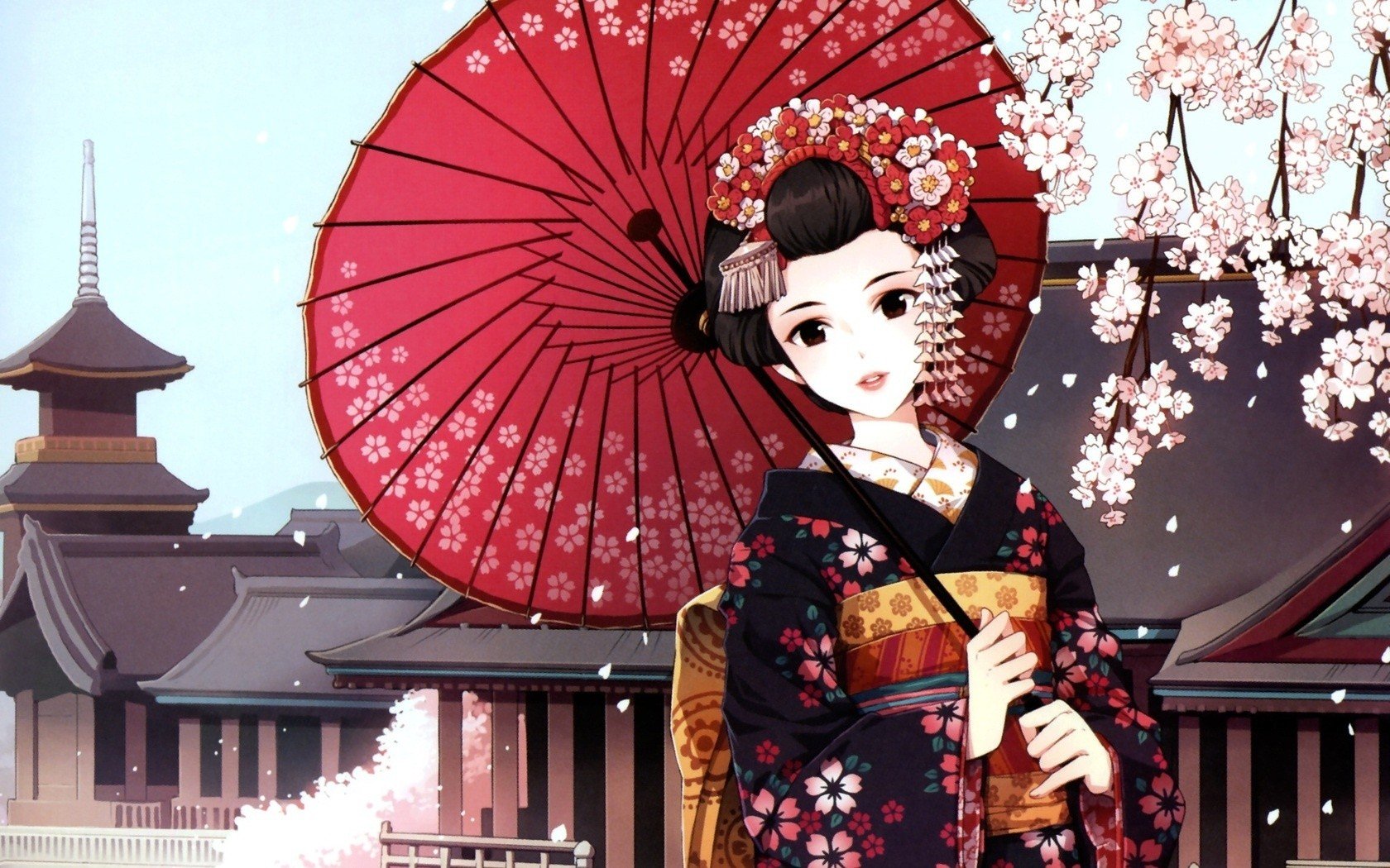 anime, Anime girls, Kimono, Traditional clothing, Cherry blossom, Umbrella,  Original characters, Japan HD Wallpapers / Desktop and Mobile Images &  Photos
