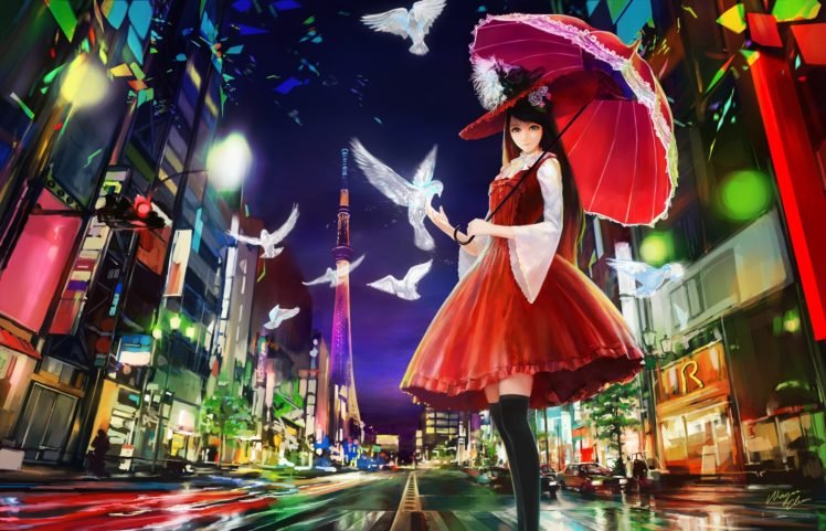 city, Birds, Red dress, Anime girls, Umbrella, Thigh highs HD Wallpaper Desktop Background