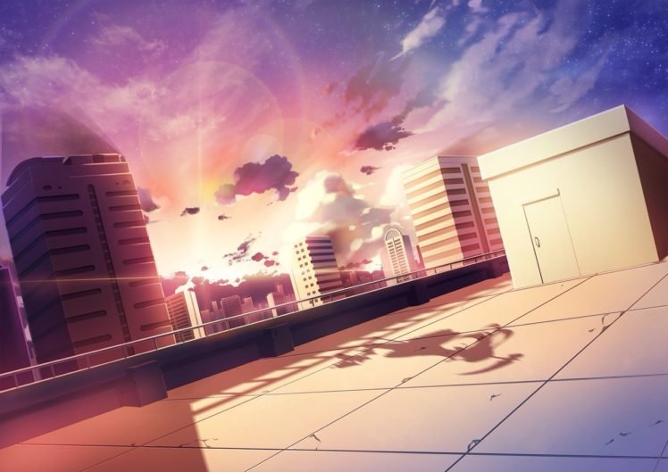 anime, Sunlight, Building, Rooftops, Skyscraper, Soft shading HD Wallpaper Desktop Background