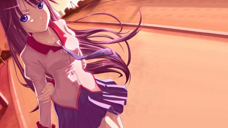 Senjougahara Hitagi, Anime, Anime girls, Monogatari Series, School uniform HD Wallpaper Desktop Background