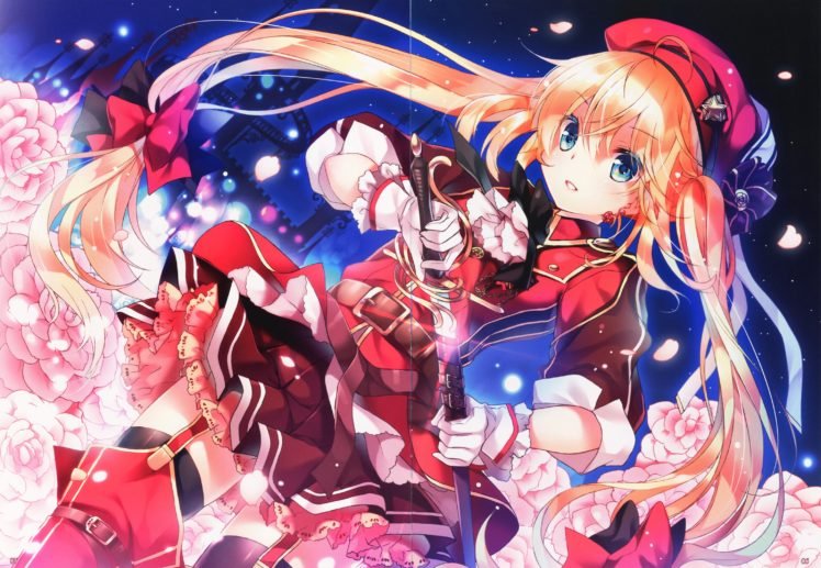 flowers, Sword, Anime, Anime girls, Original characters, Twintails HD Wallpaper Desktop Background