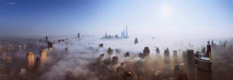 skyscraper, Mist, Heights, Sky, Sun, Cityscape, Shanghai, Ultra wide HD Wallpaper Desktop Background