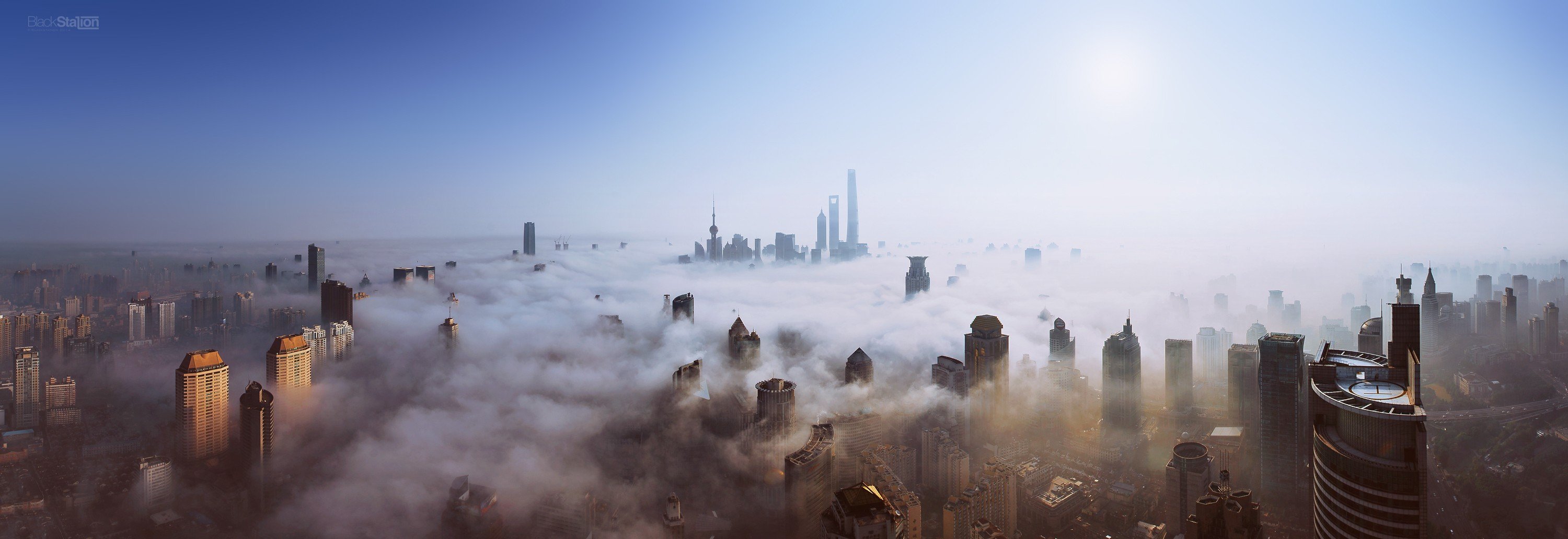 skyscraper, Mist, Heights, Sky, Sun, Cityscape, Shanghai, Ultra wide Wallpaper