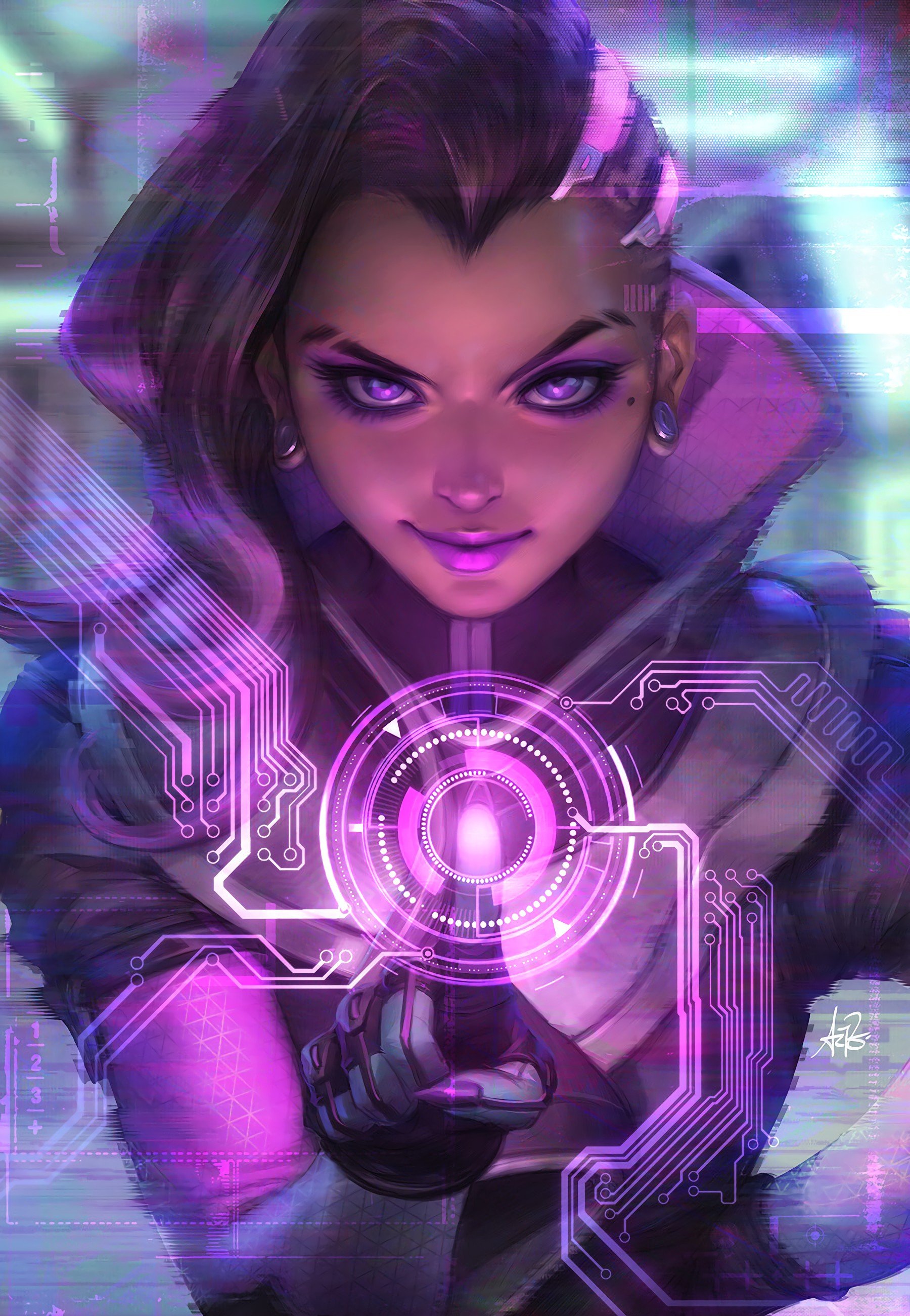 long hair, Purple eyes, Overwatch, Sombra, Sombra (Overwatch), Hacking, Hackers Wallpaper