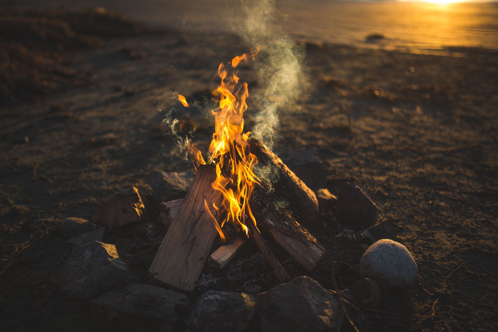 fire, Rock, Wood, Sunset, Smoke Wallpaper