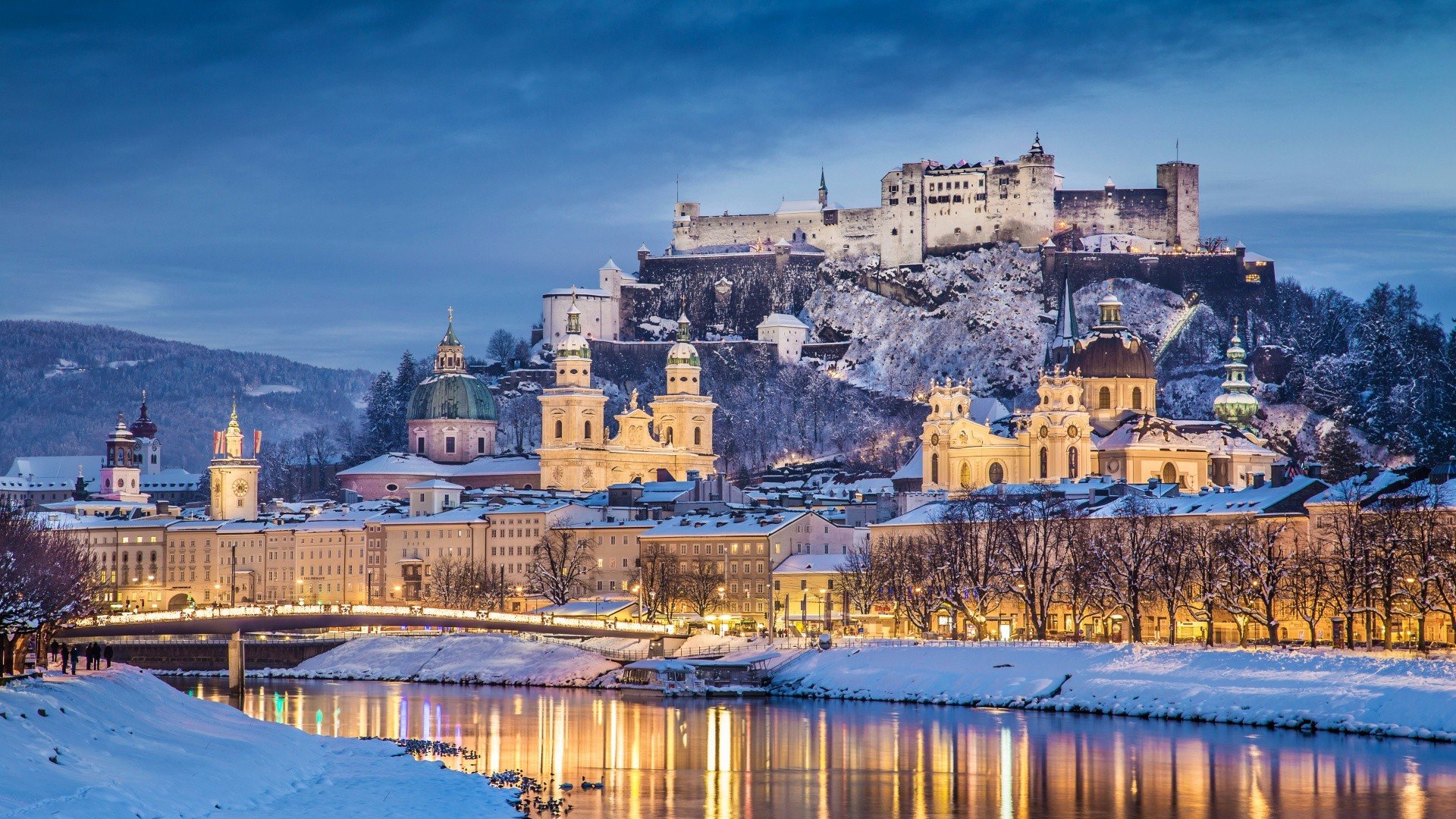 architecture, Castle, Ancient, Tower, Austria, Salzburg, Winter, Snow, River, Trees, Hills, Clouds, Evening, Reflection, Lights, Cathedral, Building, Church, Bridge, Forest Wallpaper