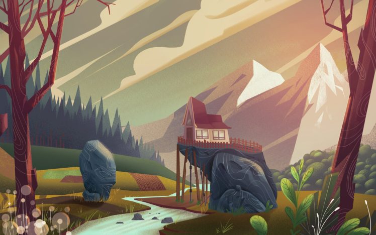 illustration, Landscape, Mountains, Snow, House, Sunset, Tree house HD Wallpaper Desktop Background
