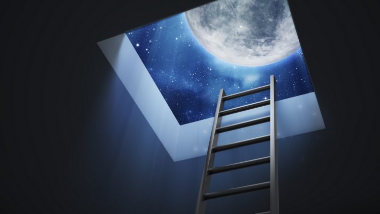 digital art, Moon, Ladders HD Wallpaper Desktop Background