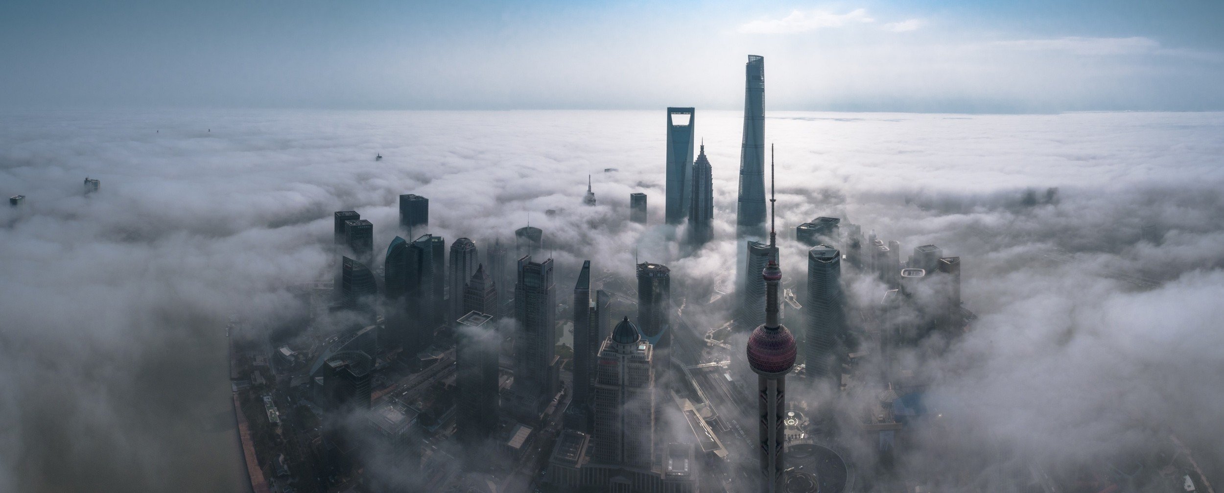 photography, Cityscape, Mist, Skyscraper, Architecture, Metropolis, Building, Morning, Sunlight, Aerial view, Shanghai, China, Panorama Wallpaper