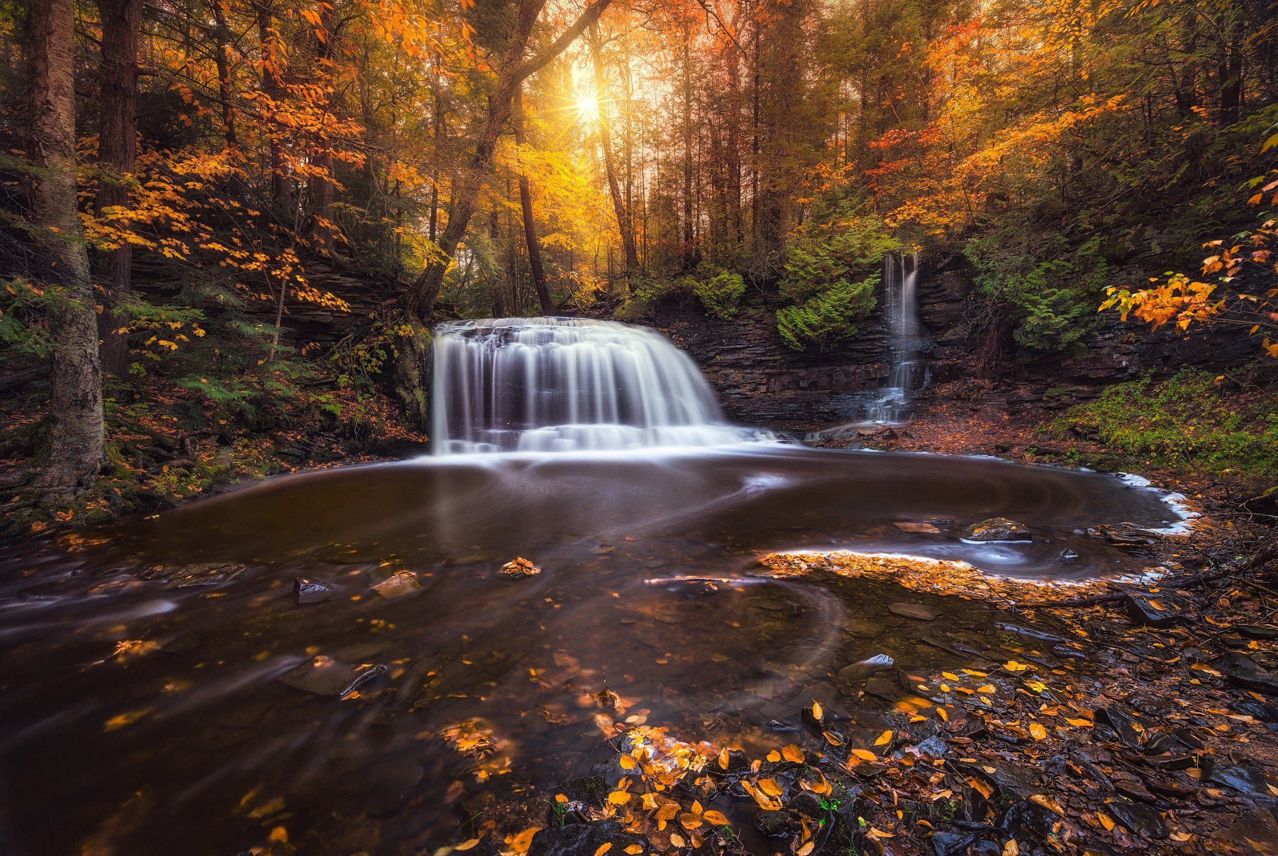 photography, Nature, Landscape, Fall, Waterfall, Forest, Sunlight, Leaves, Colorful, Long exposure, Michigan Wallpaper