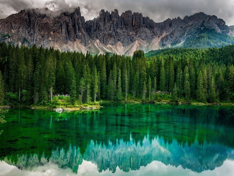 nature, Landscape, Photography, Lake, Calm waters, Reflection, Forest, Mountains, Trees, Emerald, Green, Summer, Alps, Italy HD Wallpaper Desktop Background