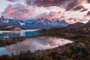 nature, Landscape, Photography, Sunrise, Mountains, Lake, Shrubs, Fall, Snowy peak, Clouds, Sunlight, Torres del Paine, Chile, National park