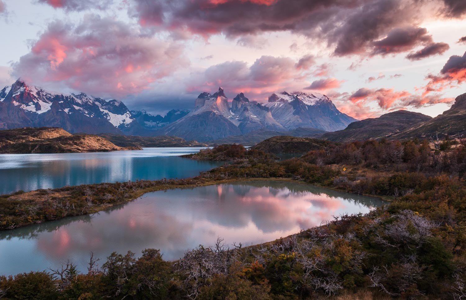 nature, Landscape, Photography, Sunrise, Mountains, Lake, Shrubs, Fall, Snowy peak, Clouds, Sunlight, Torres del Paine, Chile, National park Wallpaper