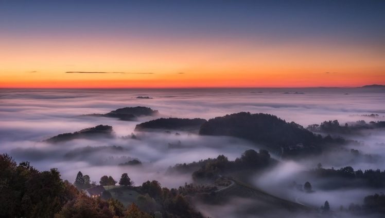 nature, Landscape, Photography, Sunrise, Hills, Mist, Forest, House, Road, Calm, Slovenia HD Wallpaper Desktop Background