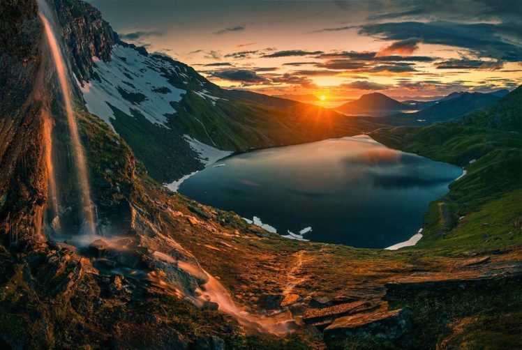 nature, Photography, Landscape, Waterfall, Lake, Mountains, Snow, Clouds,  Sky, Norway, Sunrise, Hiking HD Wallpapers / Desktop and Mobile Images &  Photos