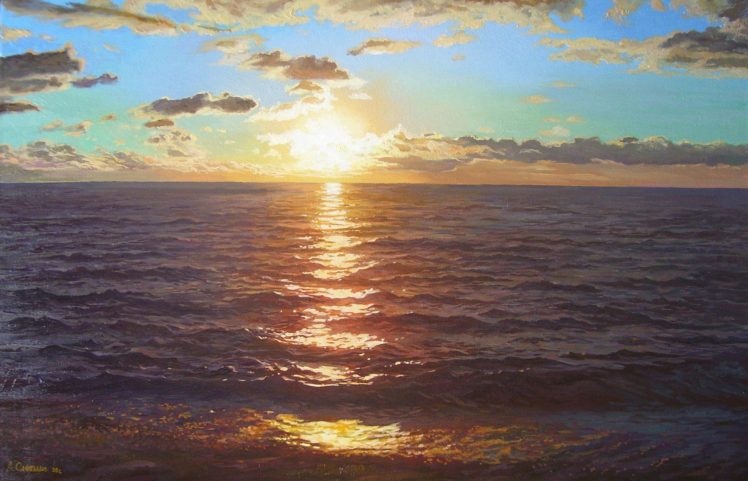 water, Sunset, Waves, Classic art HD Wallpaper Desktop Background