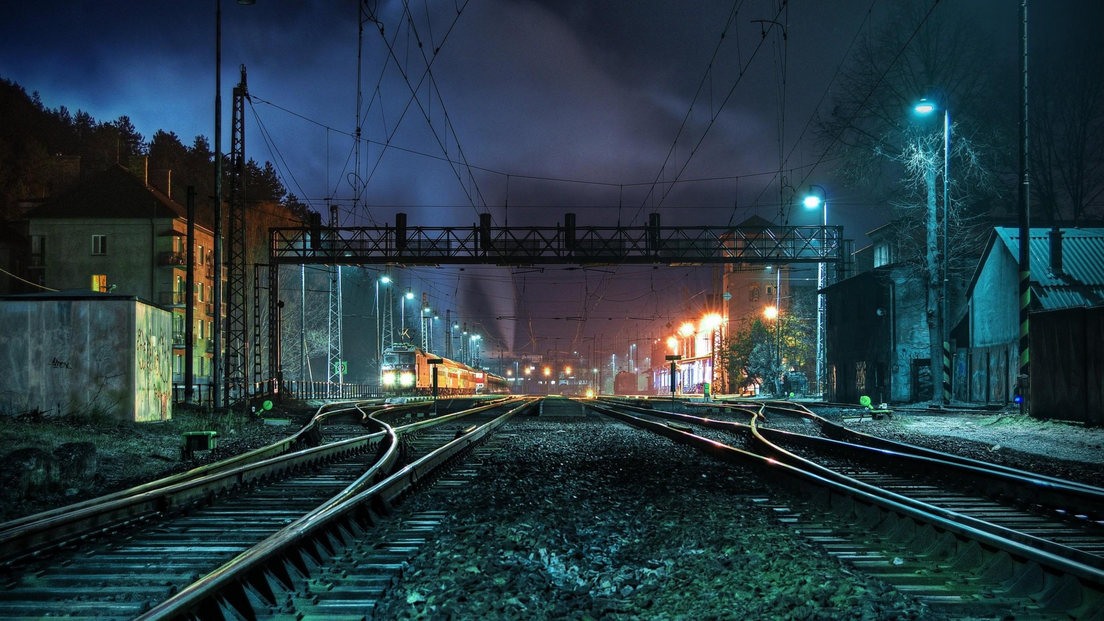 train, Rail yard, Night, City, Switch Wallpaper