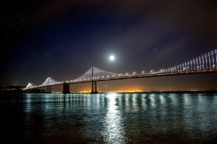 bridge, San Francisco, Water, Night sky, Lights, Moon HD Wallpaper Desktop Background