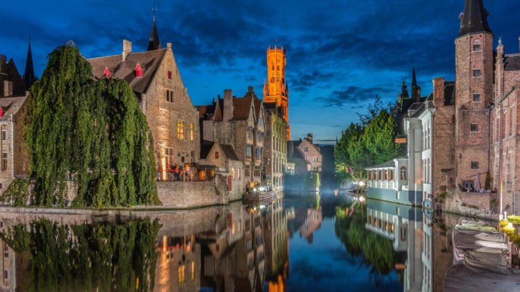 architecture, Building, Bruges, Belgium, Town, Old building, House, Tower, Ancient, Water, Trees, Night, Reflection, Clouds, Boat HD Wallpaper Desktop Background