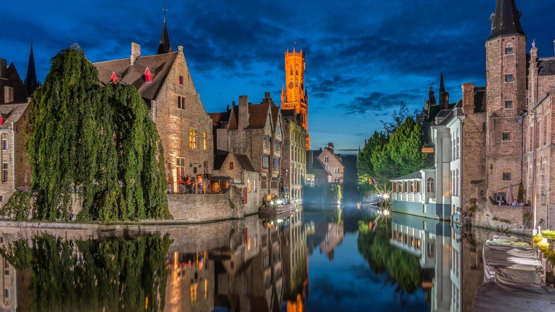 architecture, Building, Bruges, Belgium, Town, Old building, House, Tower, Ancient, Water, Trees, Night, Reflection, Clouds, Boat Wallpaper