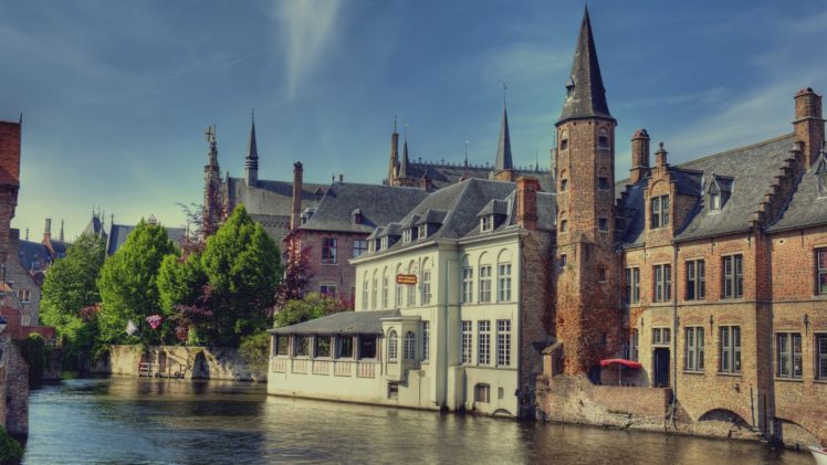 architecture, Building, Bruges, Belgium, Town, Old building, House, Tower, Ancient, Water, Trees, HDR HD Wallpaper Desktop Background