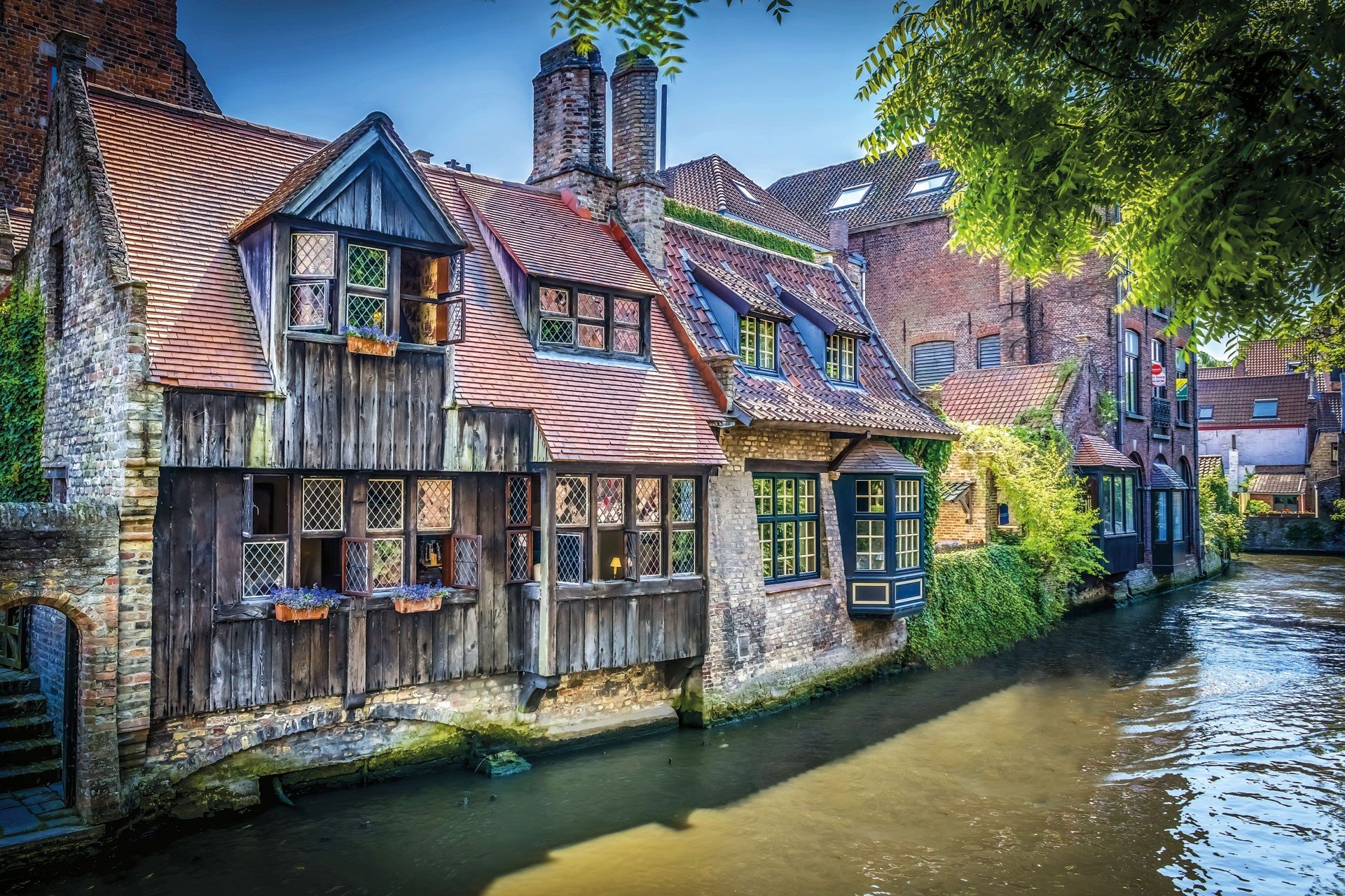 architecture, Building, Bruges, Belgium, Town, Old building, House, Tower, Ancient, Water, Wood planks, Sunlight, Leaves, Bricks Wallpaper