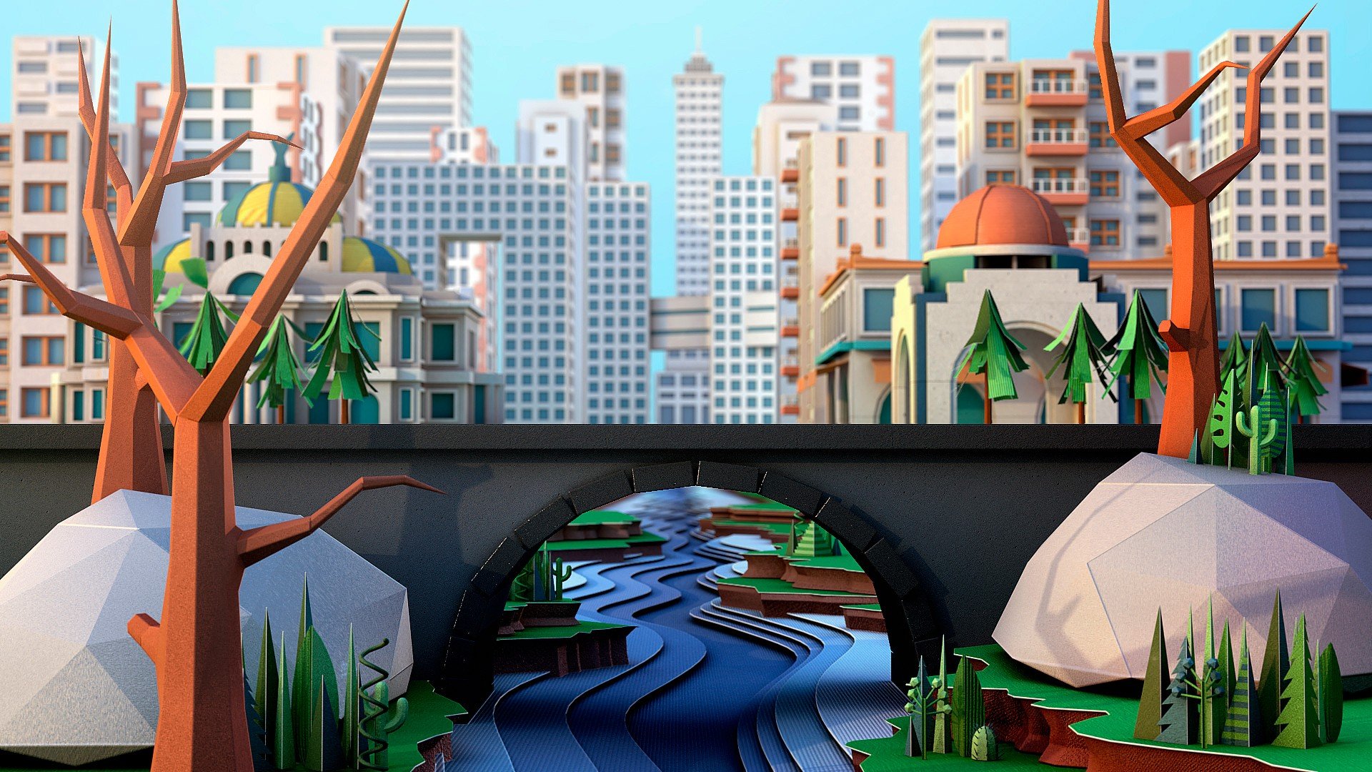 illustration, Low poly, Cinema 4D, Cityscape Wallpaper