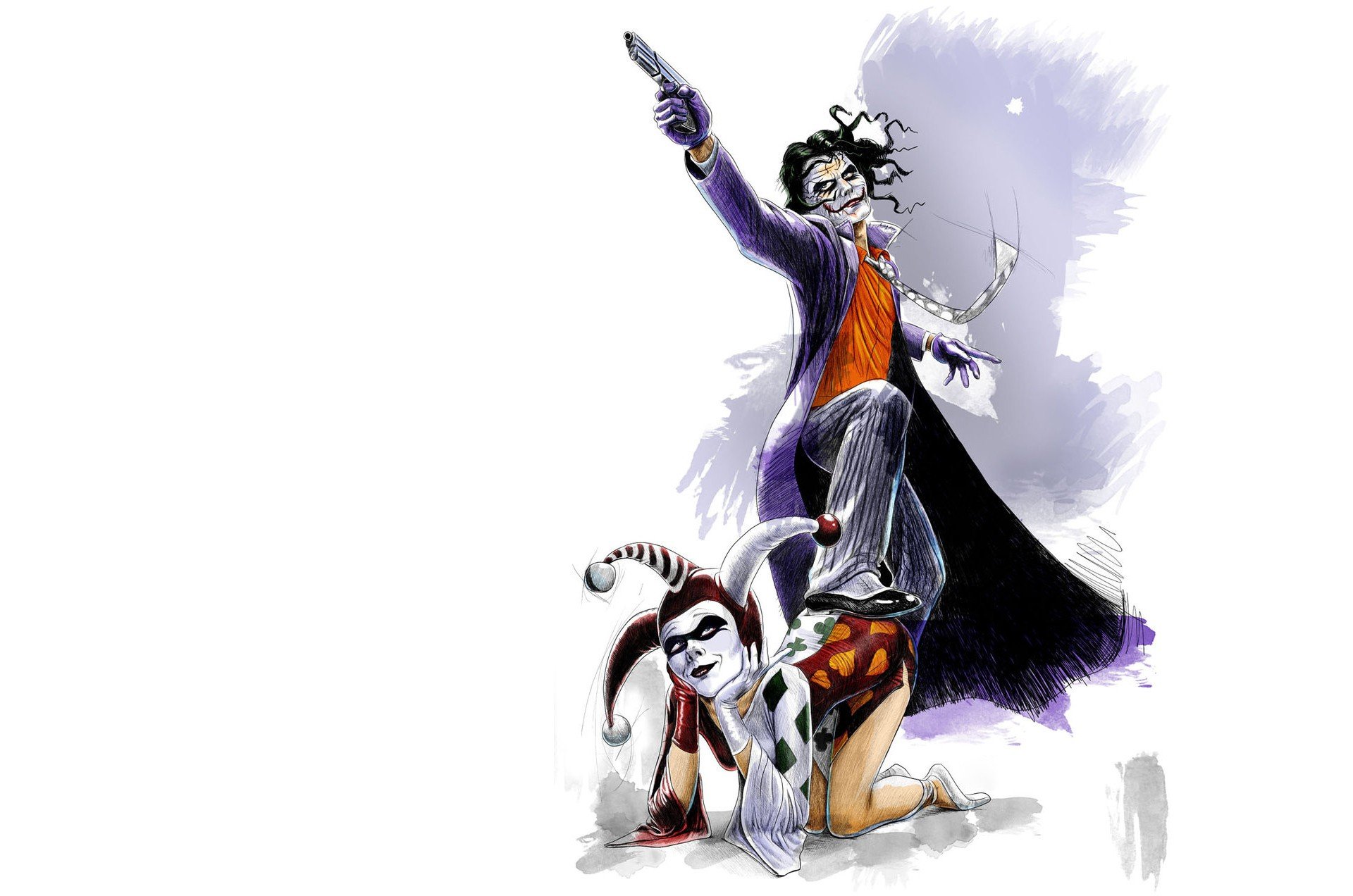 Harley Quinn, Joker, Simple background, Weapon, Gun, Artwork, Comics Wallpaper