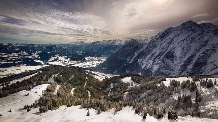 snow, Landscape, Pine trees, Mountains HD Wallpaper Desktop Background