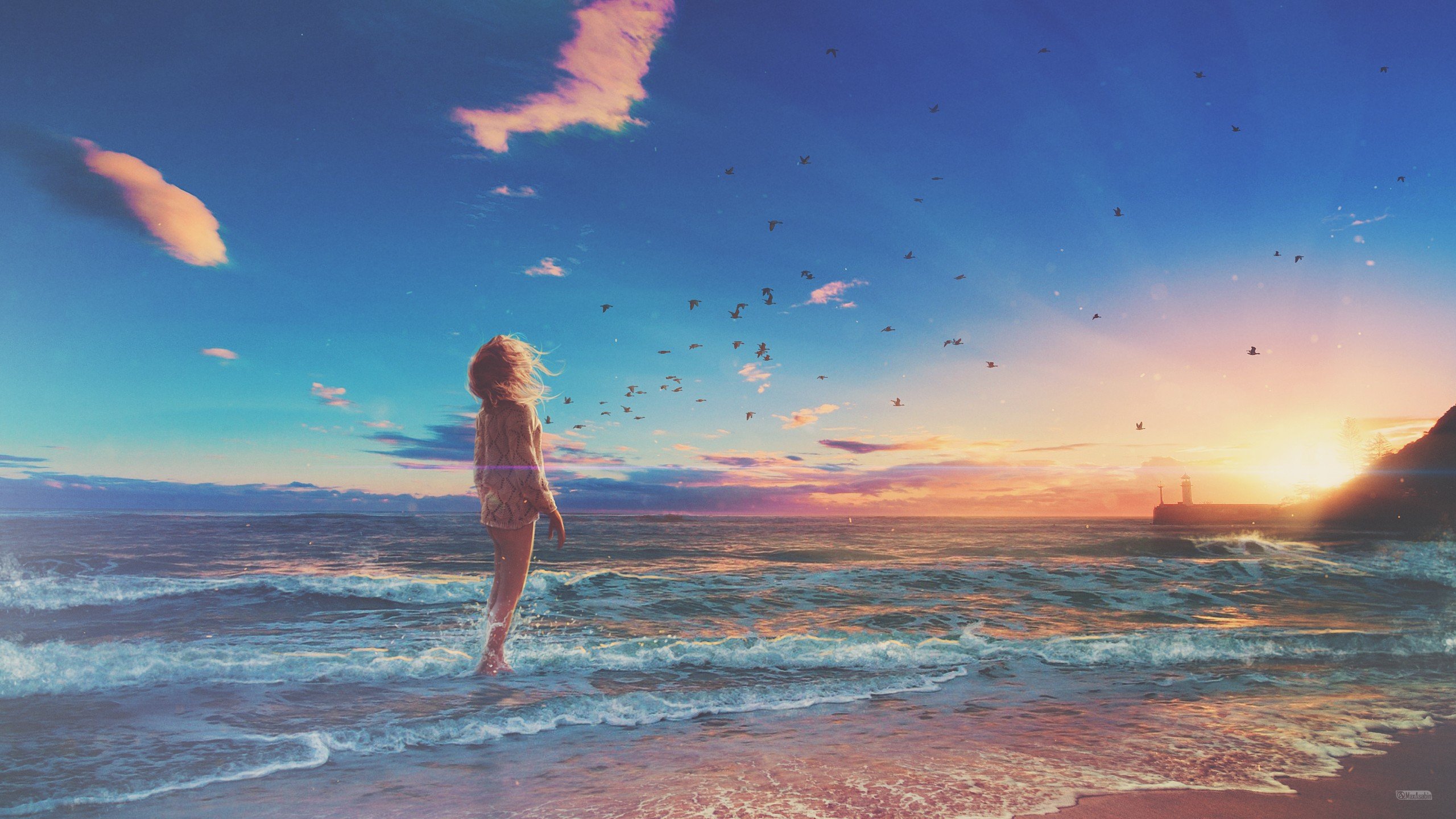 beach, Sunset, Waves, Shore, Wind, Birds, Sea, Horizon, Digital art, Photo manipulation Wallpaper