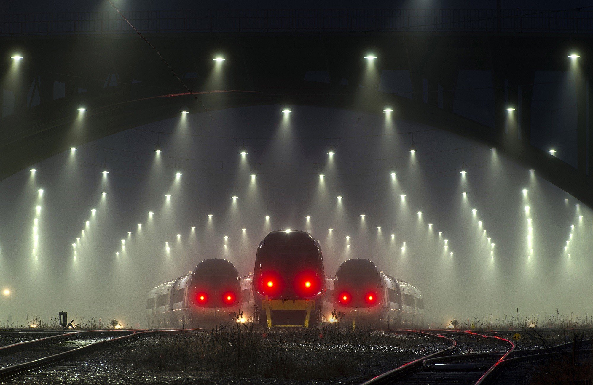 train, Mist, Transport, Railway, Lights, Denmark Wallpaper