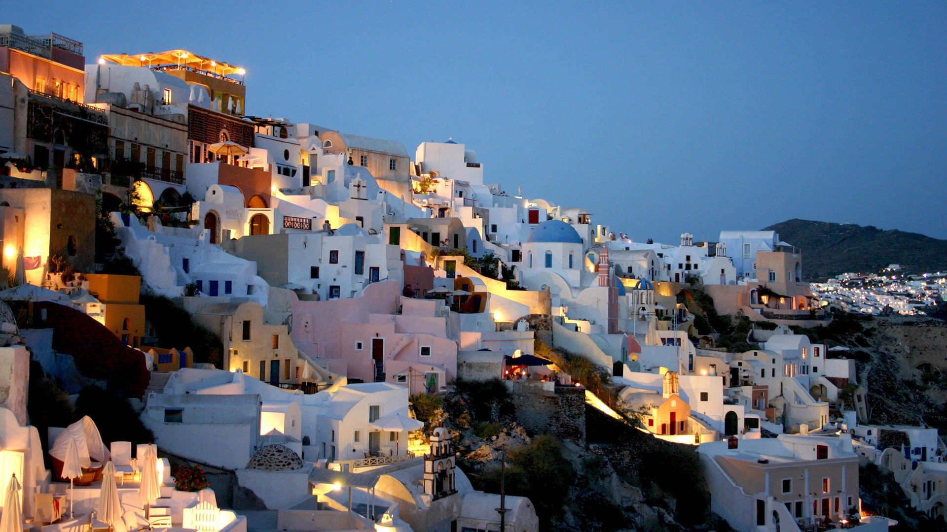 Santorini, Greece, Building, House, Cityscape, City, Urban, Sunset, Evening, Lights Wallpaper