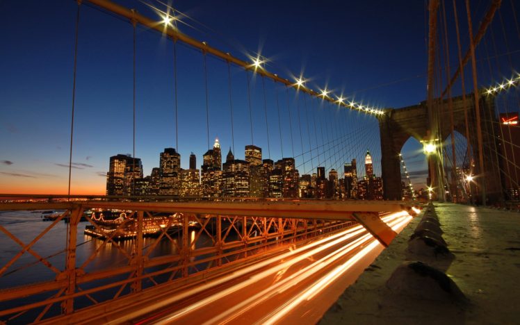 New York City, Bridge, Long exposure, Clear sky, Evening, Lights HD Wallpaper Desktop Background